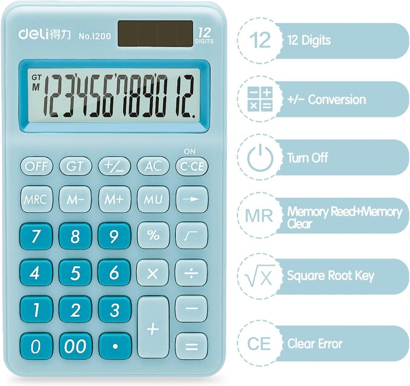 Deli Standard Function Basic Calculator, 12 Digit Desktop Calculator with Large LCD Display, Solar Battery Dual Power Office Calculators, Blue - Image 4